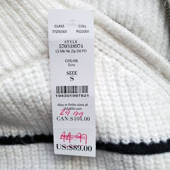 WHBM NWT Side Zip Mock Neck Detail Striped Sweater Puffy Sleeves S - Picture 8 of 13